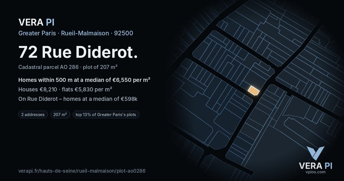 72 Rue Diderot, Rueil-Malmaison at night – the plot lit, the parcels around coloured by the prices near them