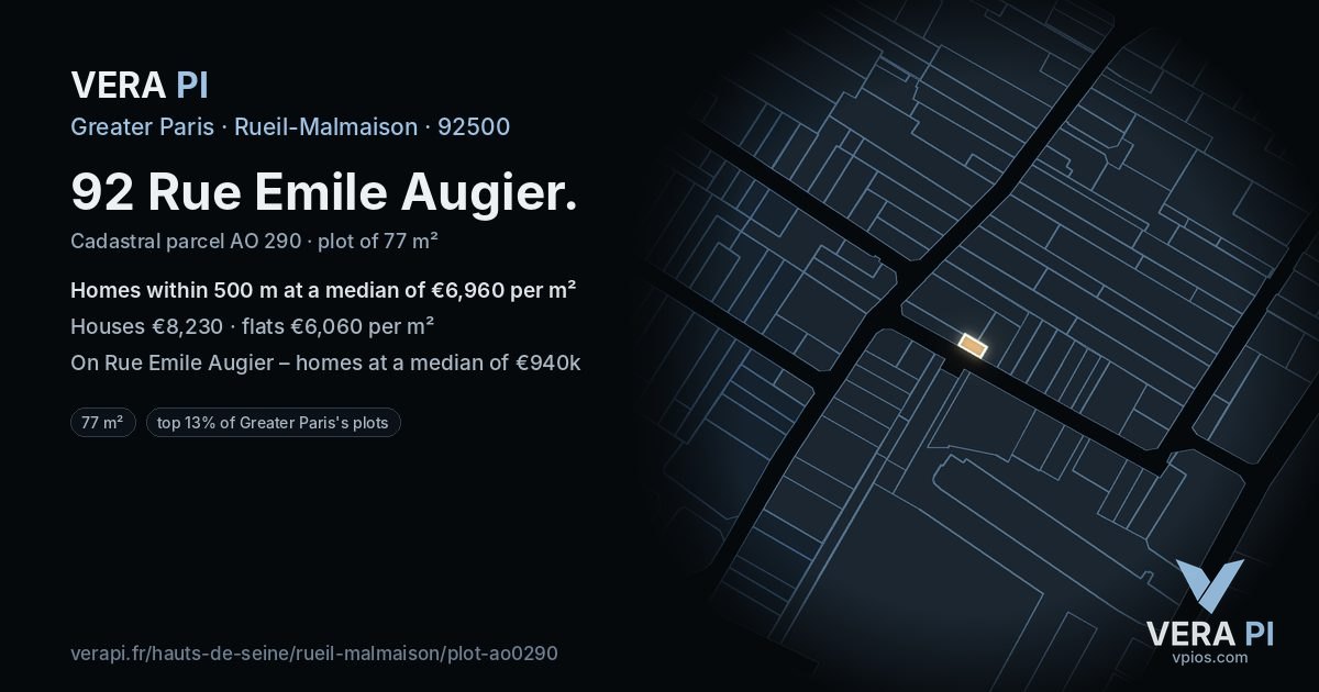92 Rue Emile Augier, Rueil-Malmaison at night – the plot lit, the parcels around coloured by the prices near them