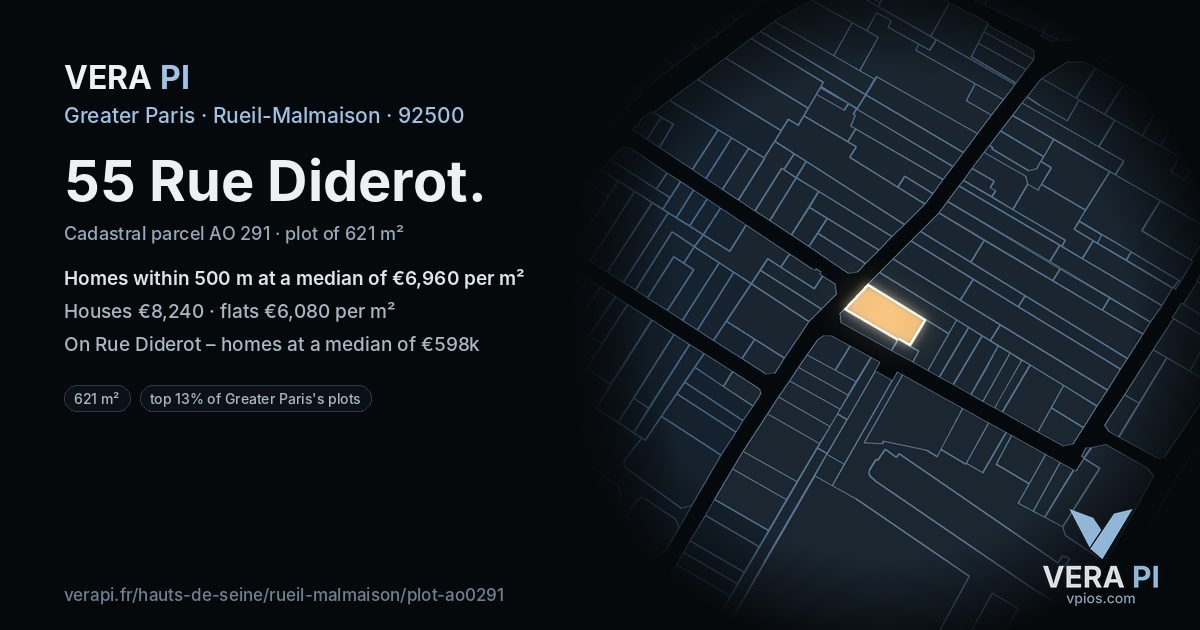 55 Rue Diderot, Rueil-Malmaison at night – the plot lit, the parcels around coloured by the prices near them