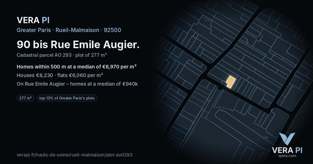 90 bis Rue Emile Augier, Rueil-Malmaison at night – the plot lit, the parcels around coloured by the prices near them