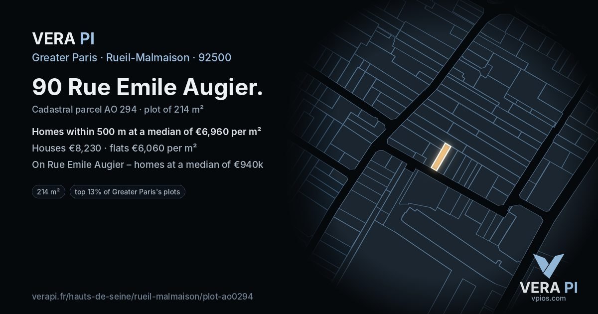 90 Rue Emile Augier, Rueil-Malmaison at night – the plot lit, the parcels around coloured by the prices near them