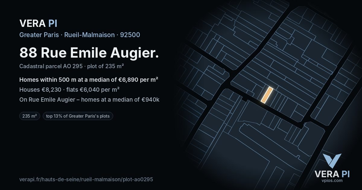 88 Rue Emile Augier, Rueil-Malmaison at night – the plot lit, the parcels around coloured by the prices near them