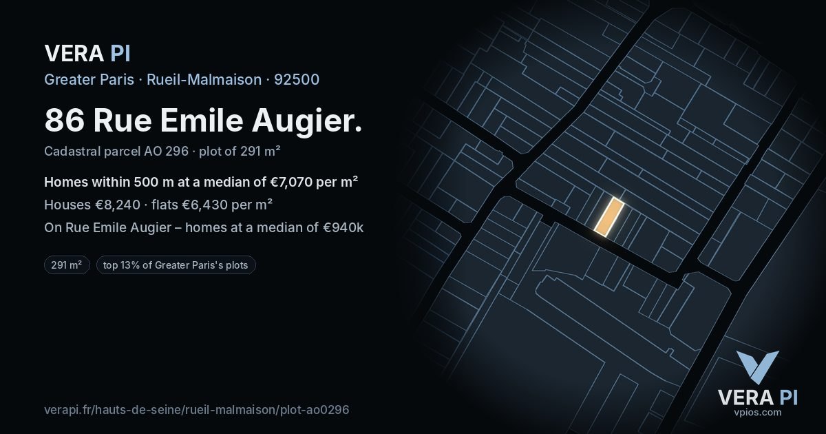 86 Rue Emile Augier, Rueil-Malmaison at night – the plot lit, the parcels around coloured by the prices near them