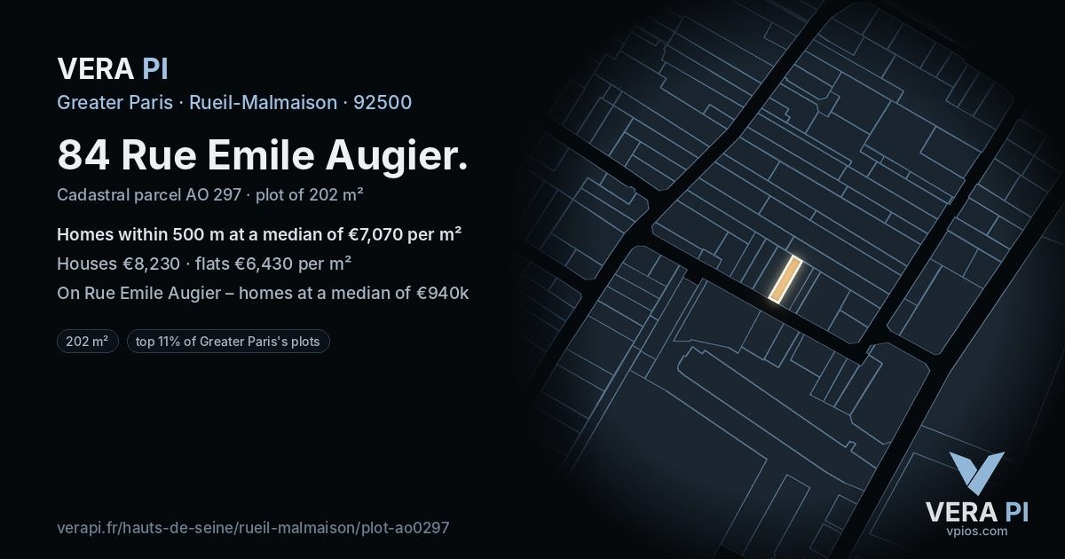 84 Rue Emile Augier, Rueil-Malmaison at night – the plot lit, the parcels around coloured by the prices near them
