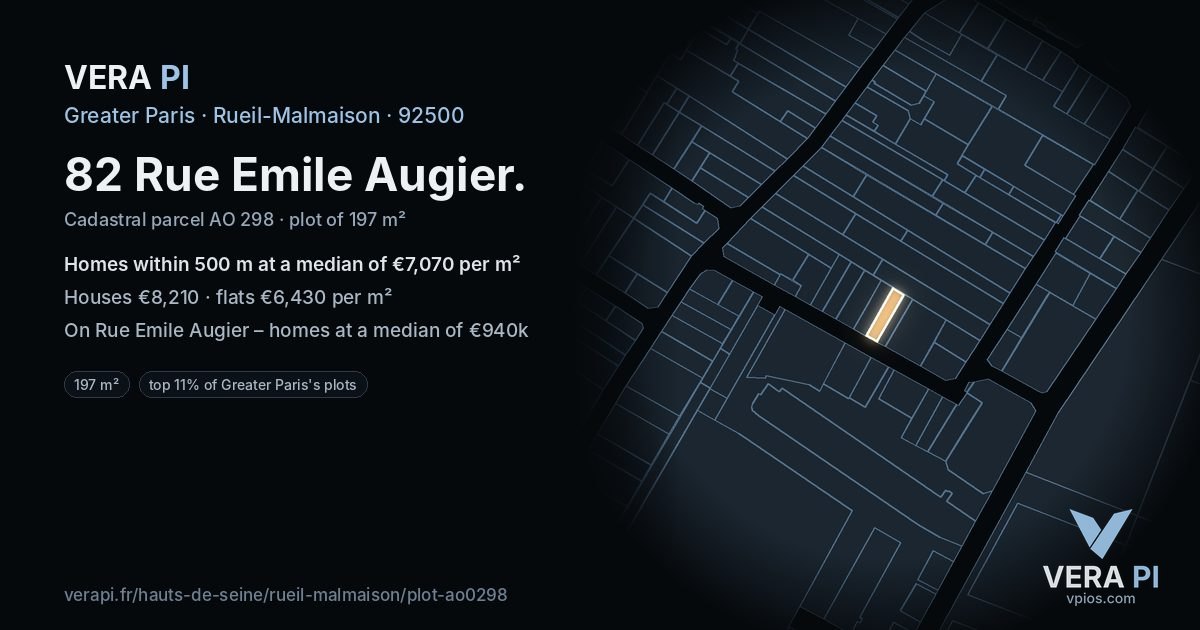 82 Rue Emile Augier, Rueil-Malmaison at night – the plot lit, the parcels around coloured by the prices near them