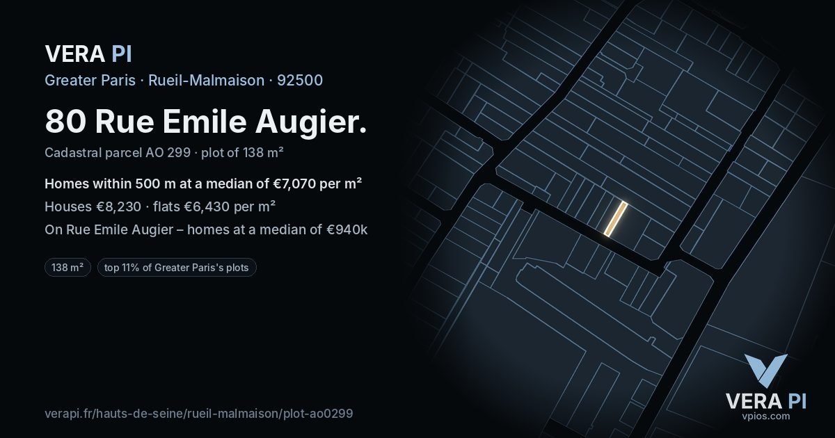 80 Rue Emile Augier, Rueil-Malmaison at night – the plot lit, the parcels around coloured by the prices near them