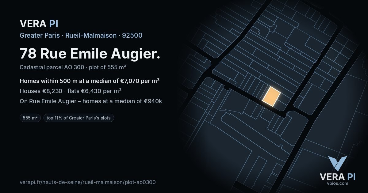 78 Rue Emile Augier, Rueil-Malmaison at night – the plot lit, the parcels around coloured by the prices near them