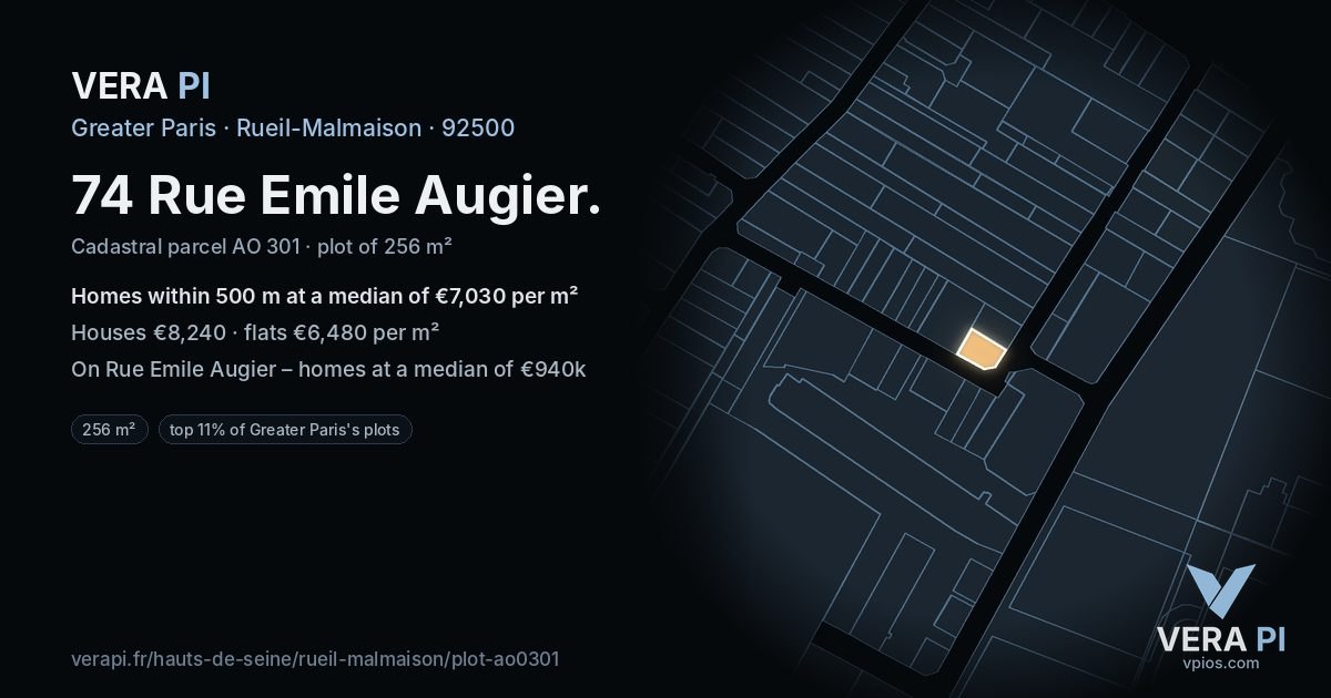 74 Rue Emile Augier, Rueil-Malmaison at night – the plot lit, the parcels around coloured by the prices near them