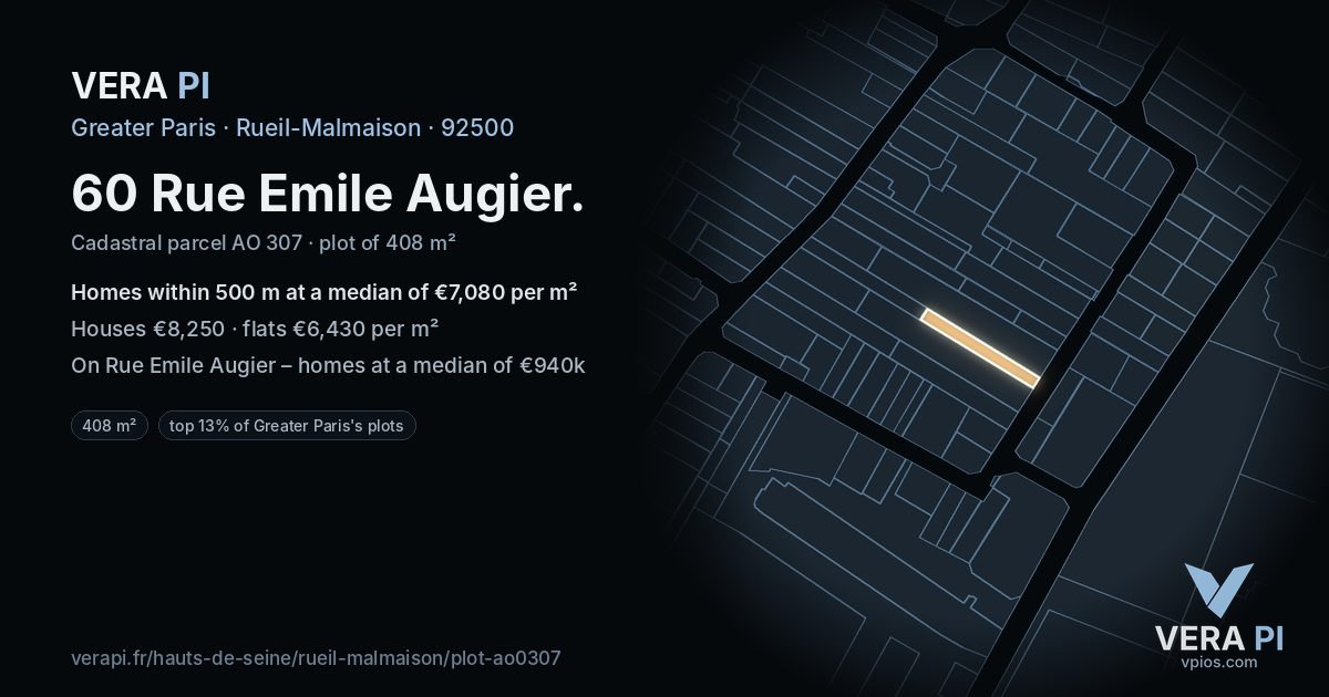 60 Rue Emile Augier, Rueil-Malmaison at night – the plot lit, the parcels around coloured by the prices near them
