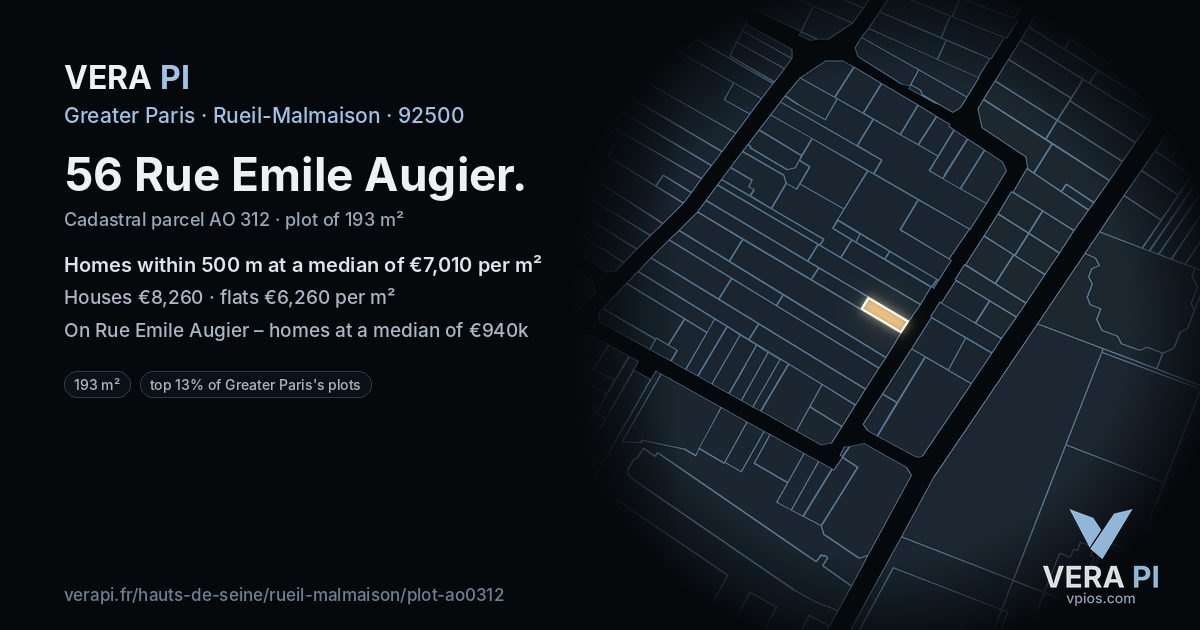 56 Rue Emile Augier, Rueil-Malmaison at night – the plot lit, the parcels around coloured by the prices near them