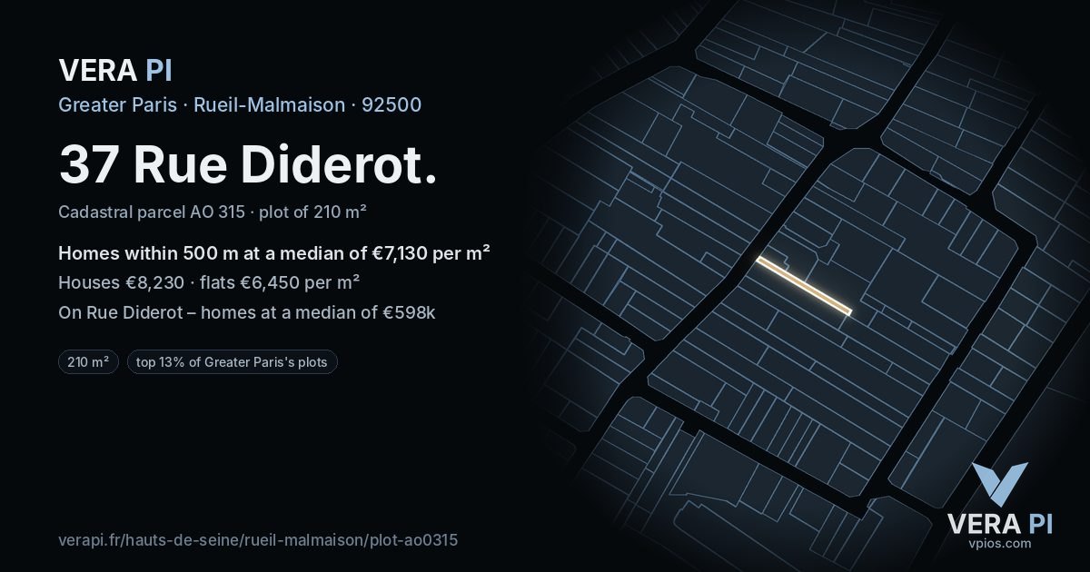 37 Rue Diderot, Rueil-Malmaison at night – the plot lit, the parcels around coloured by the prices near them