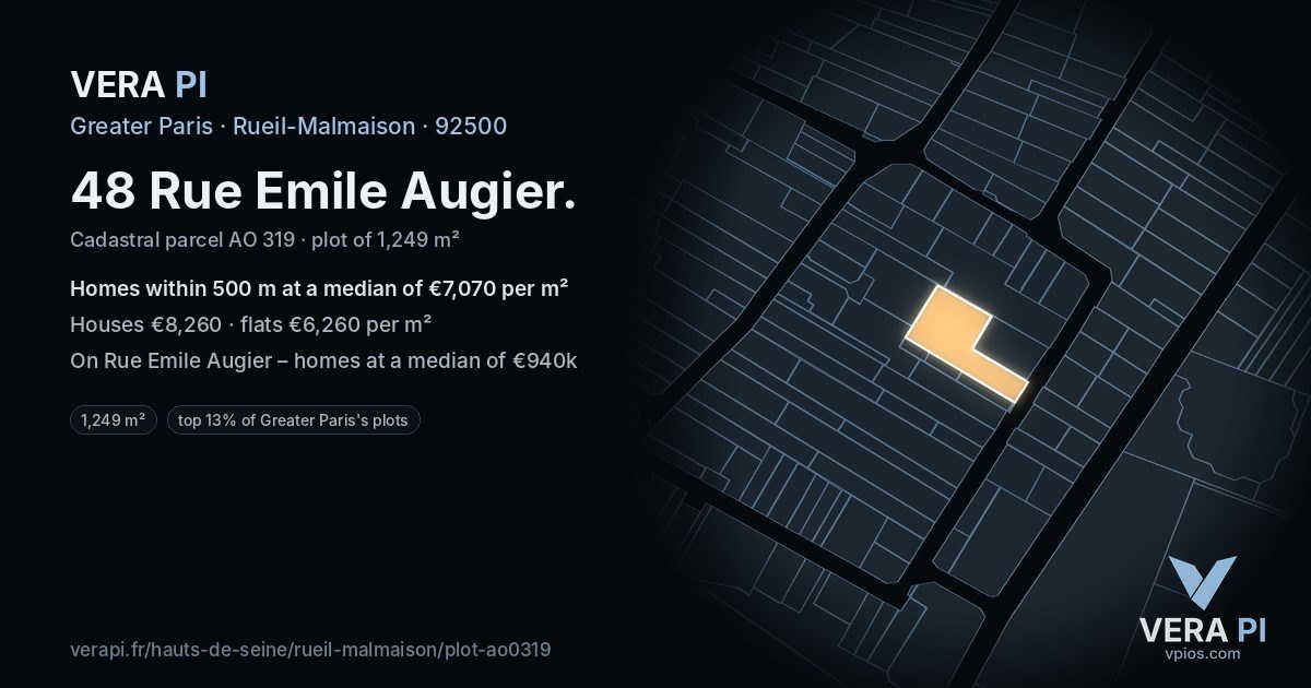 48 Rue Emile Augier, Rueil-Malmaison at night – the plot lit, the parcels around coloured by the prices near them