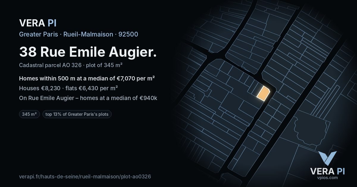 38 Rue Emile Augier, Rueil-Malmaison at night – the plot lit, the parcels around coloured by the prices near them