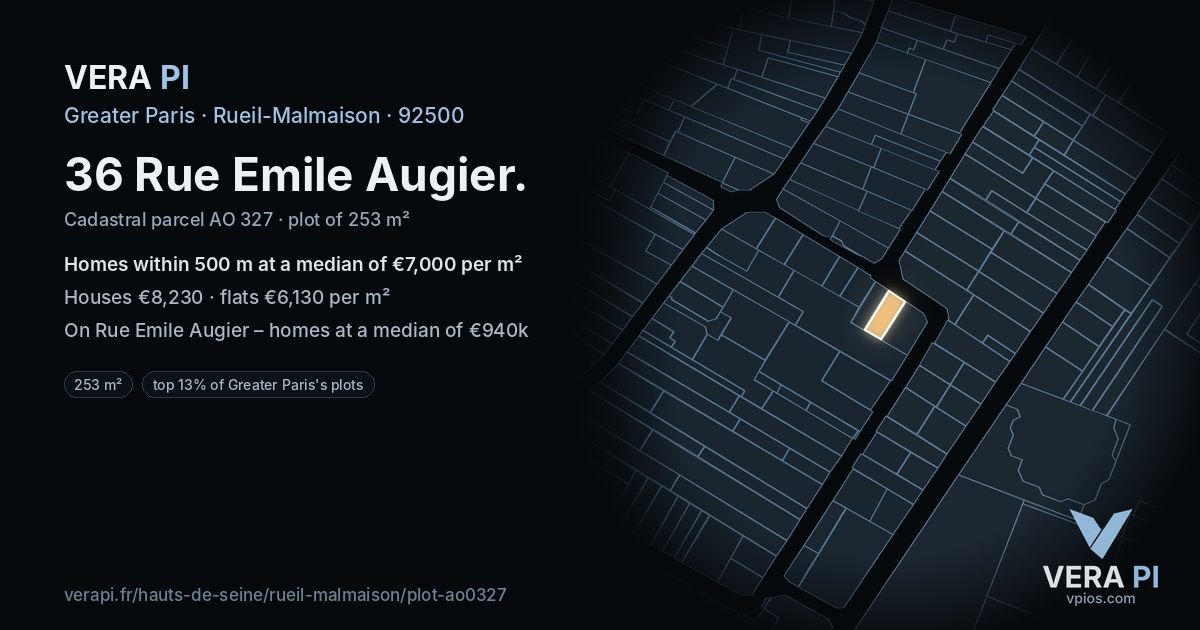 36 Rue Emile Augier, Rueil-Malmaison at night – the plot lit, the parcels around coloured by the prices near them
