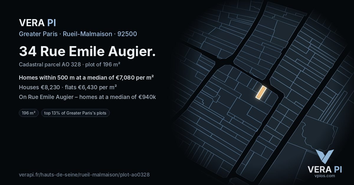 34 Rue Emile Augier, Rueil-Malmaison at night – the plot lit, the parcels around coloured by the prices near them