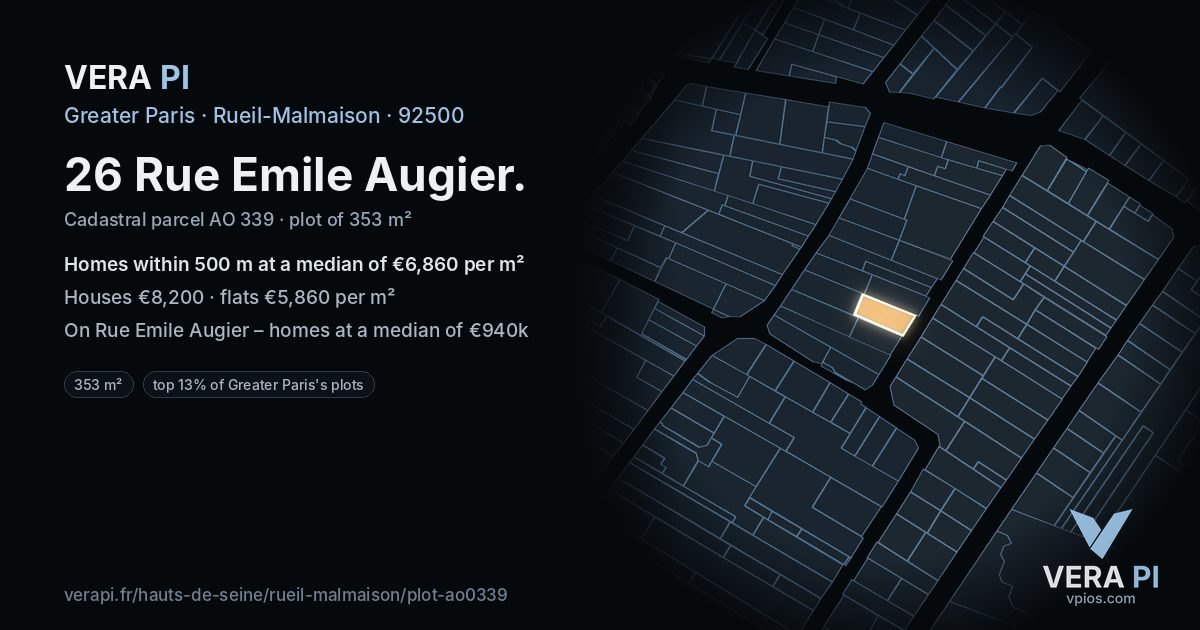 26 Rue Emile Augier, Rueil-Malmaison at night – the plot lit, the parcels around coloured by the prices near them