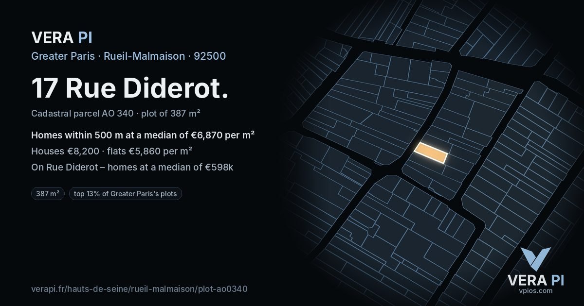 17 Rue Diderot, Rueil-Malmaison at night – the plot lit, the parcels around coloured by the prices near them