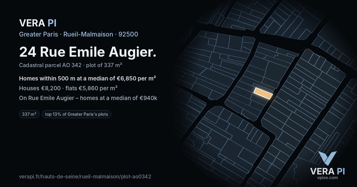 24 Rue Emile Augier, Rueil-Malmaison at night – the plot lit, the parcels around coloured by the prices near them