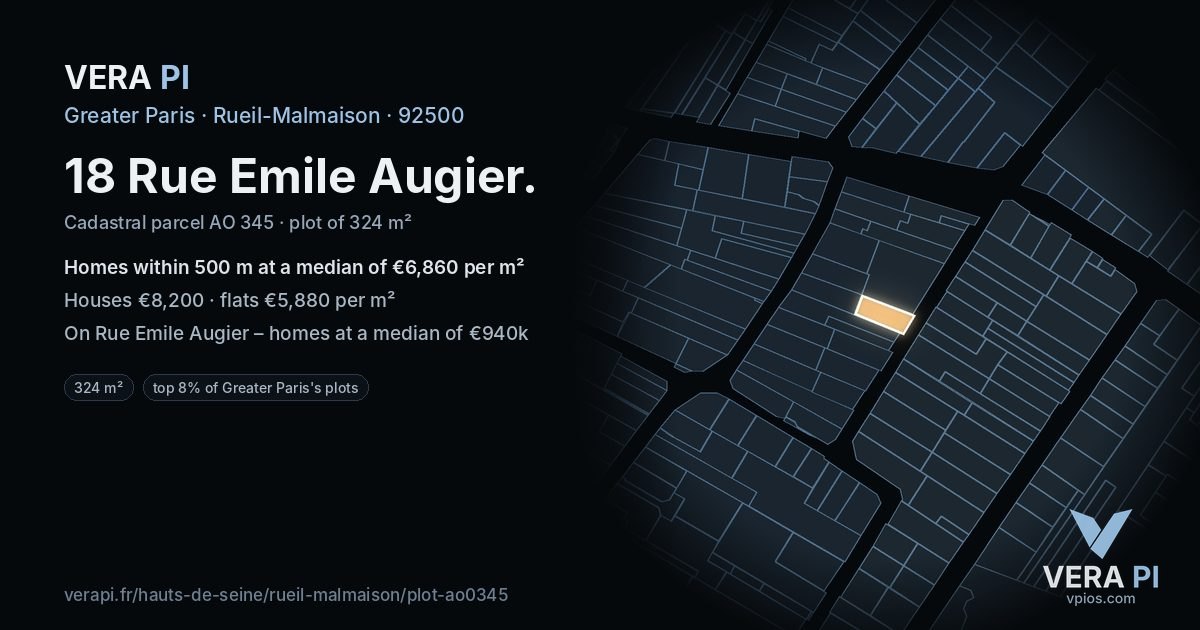 18 Rue Emile Augier, Rueil-Malmaison at night – the plot lit, the parcels around coloured by the prices near them