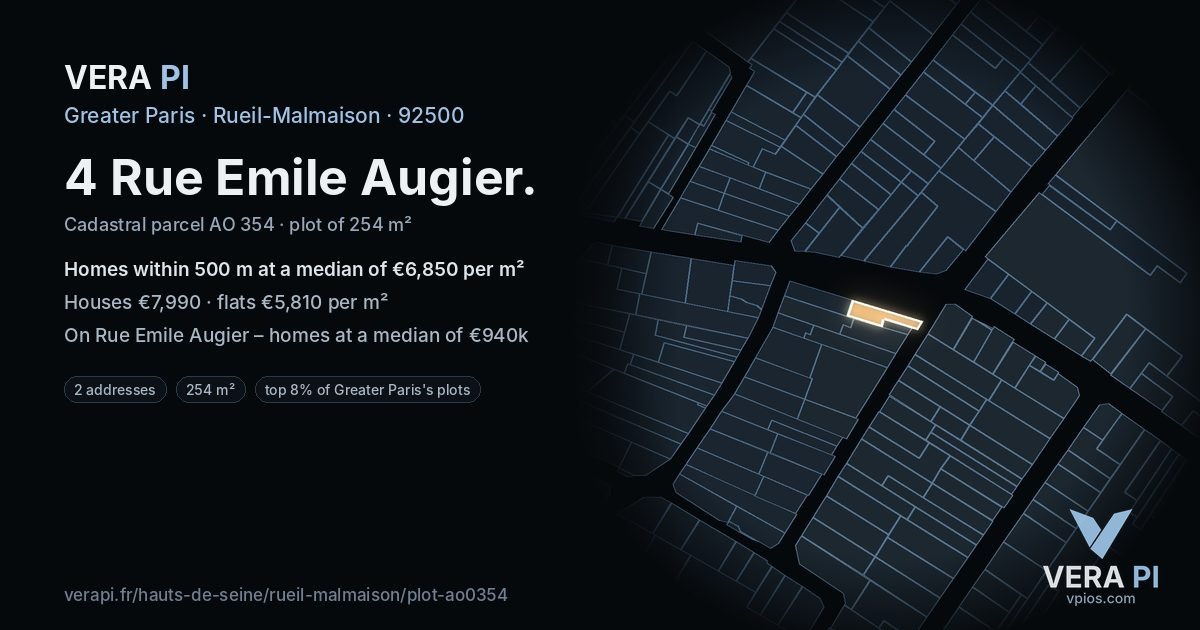 4 Rue Emile Augier, Rueil-Malmaison at night – the plot lit, the parcels around coloured by the prices near them