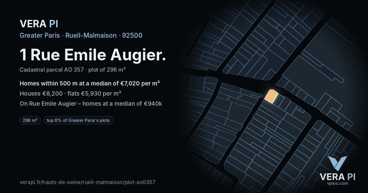 1 Rue Emile Augier, Rueil-Malmaison at night – the plot lit, the parcels around coloured by the prices near them