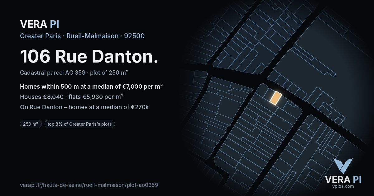 106 Rue Danton, Rueil-Malmaison at night – the plot lit, the parcels around coloured by the prices near them