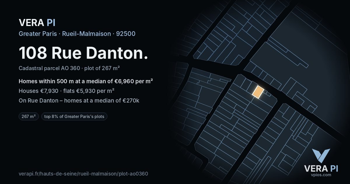 108 Rue Danton, Rueil-Malmaison at night – the plot lit, the parcels around coloured by the prices near them