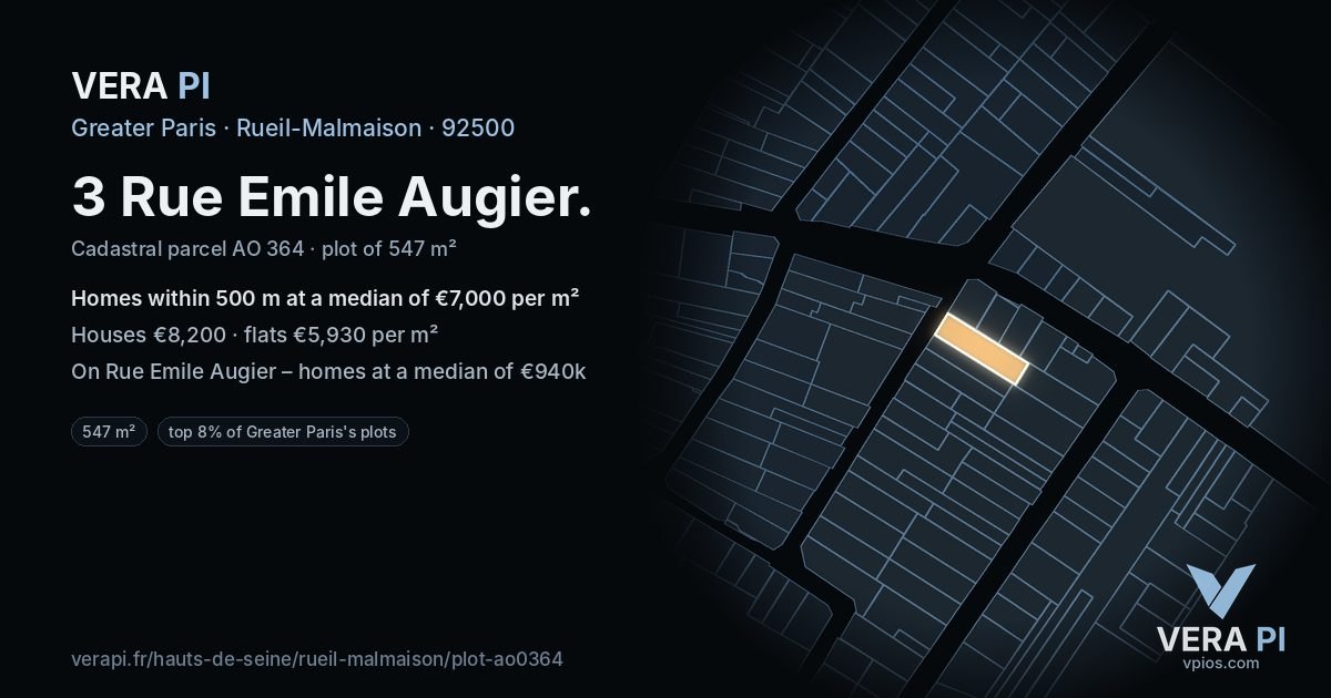 3 Rue Emile Augier, Rueil-Malmaison at night – the plot lit, the parcels around coloured by the prices near them