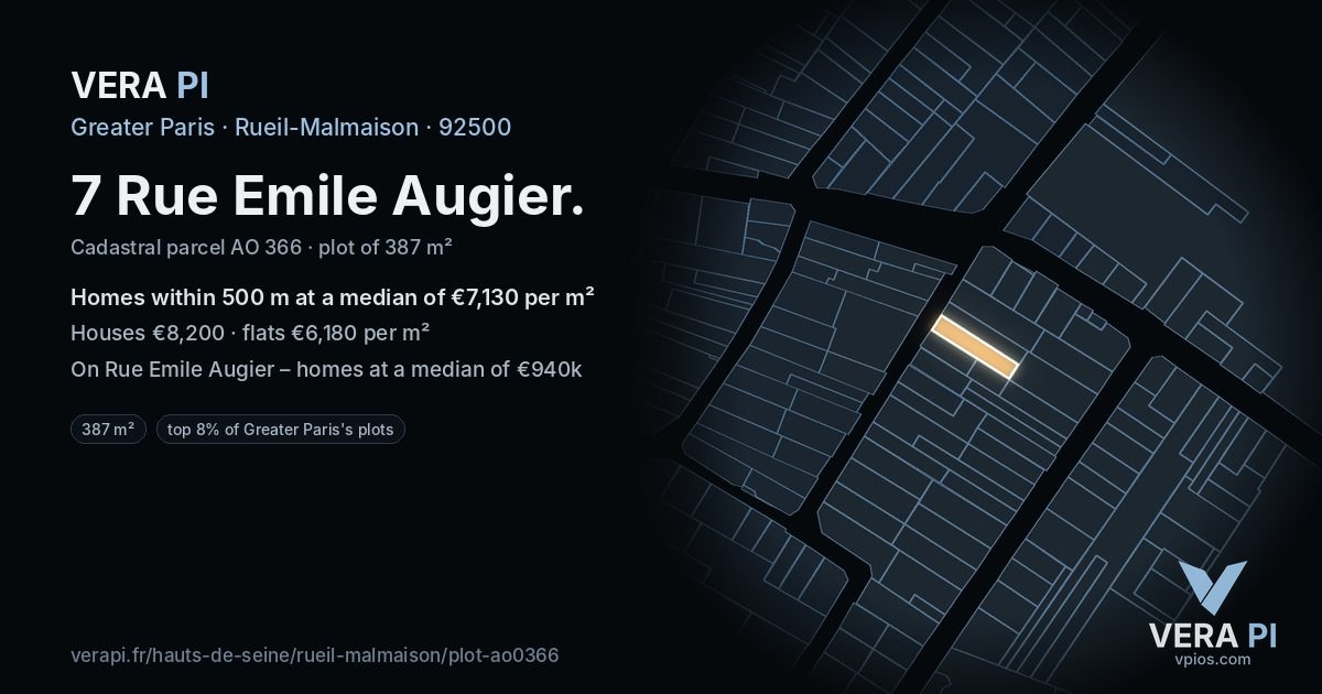 7 Rue Emile Augier, Rueil-Malmaison at night – the plot lit, the parcels around coloured by the prices near them