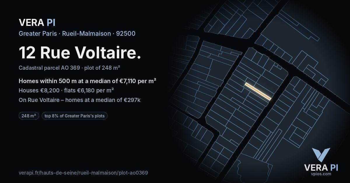 12 Rue Voltaire, Rueil-Malmaison at night – the plot lit, the parcels around coloured by the prices near them