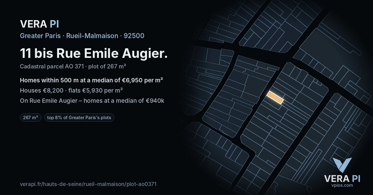 11 bis Rue Emile Augier, Rueil-Malmaison at night – the plot lit, the parcels around coloured by the prices near them