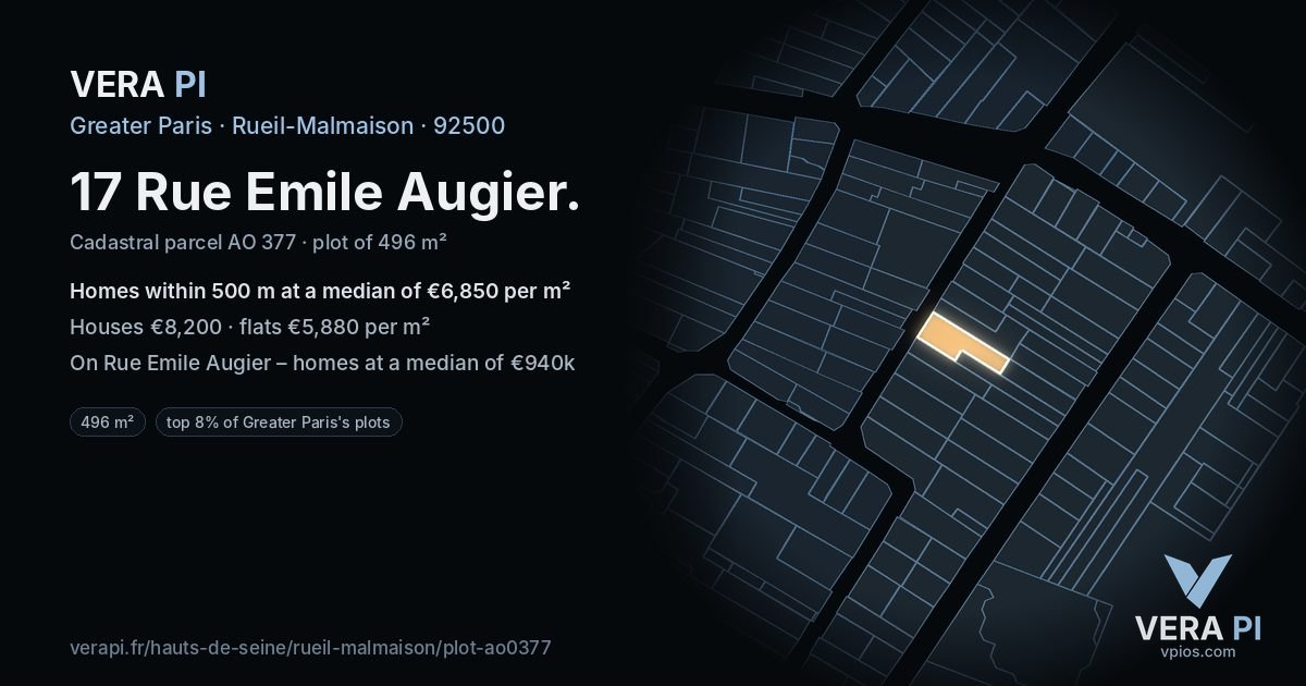 17 Rue Emile Augier, Rueil-Malmaison at night – the plot lit, the parcels around coloured by the prices near them