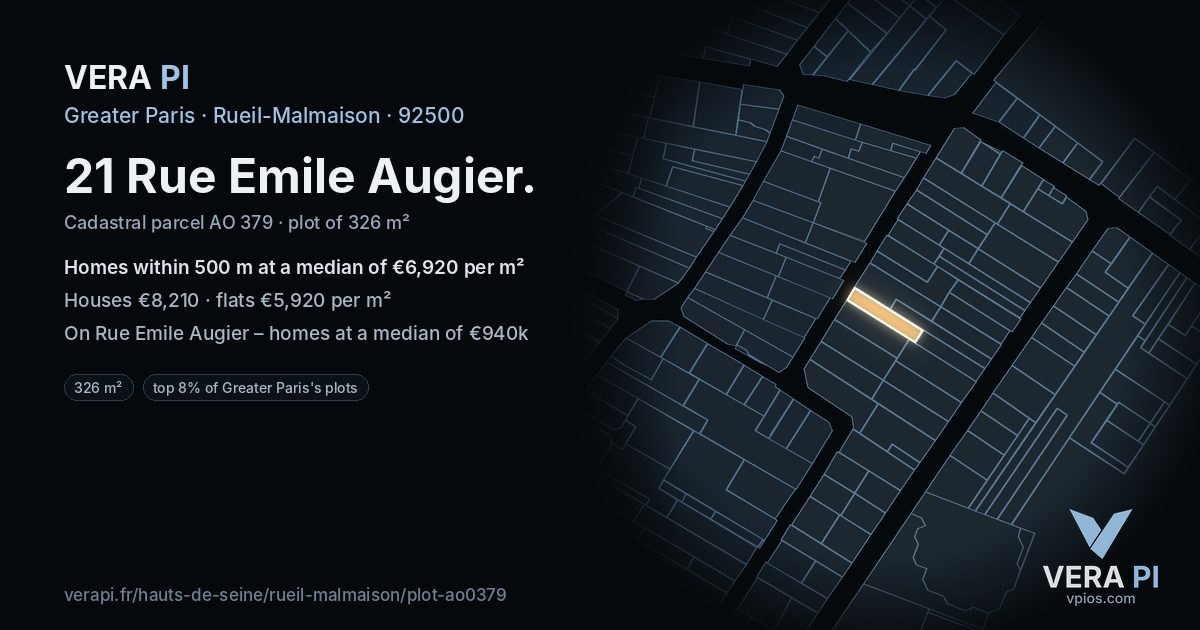 21 Rue Emile Augier, Rueil-Malmaison at night – the plot lit, the parcels around coloured by the prices near them