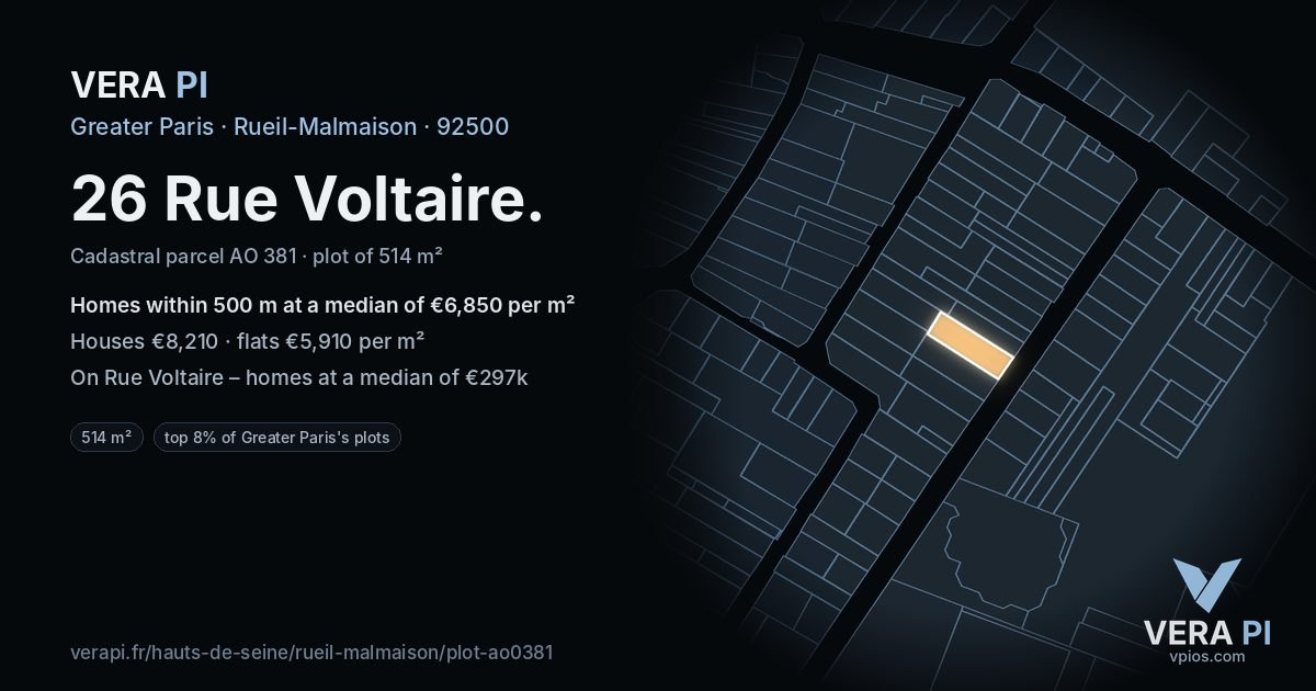 26 Rue Voltaire, Rueil-Malmaison at night – the plot lit, the parcels around coloured by the prices near them