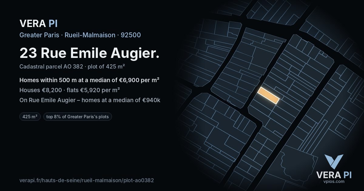 23 Rue Emile Augier, Rueil-Malmaison at night – the plot lit, the parcels around coloured by the prices near them