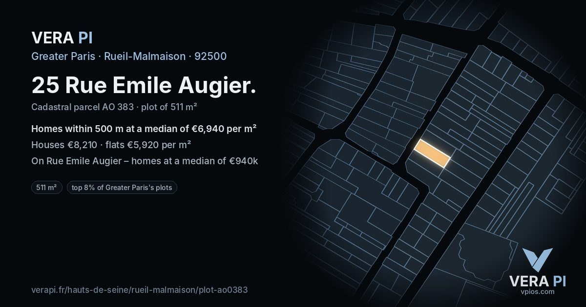 25 Rue Emile Augier, Rueil-Malmaison at night – the plot lit, the parcels around coloured by the prices near them