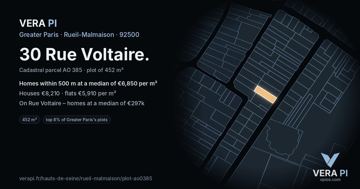 30 Rue Voltaire, Rueil-Malmaison at night – the plot lit, the parcels around coloured by the prices near them