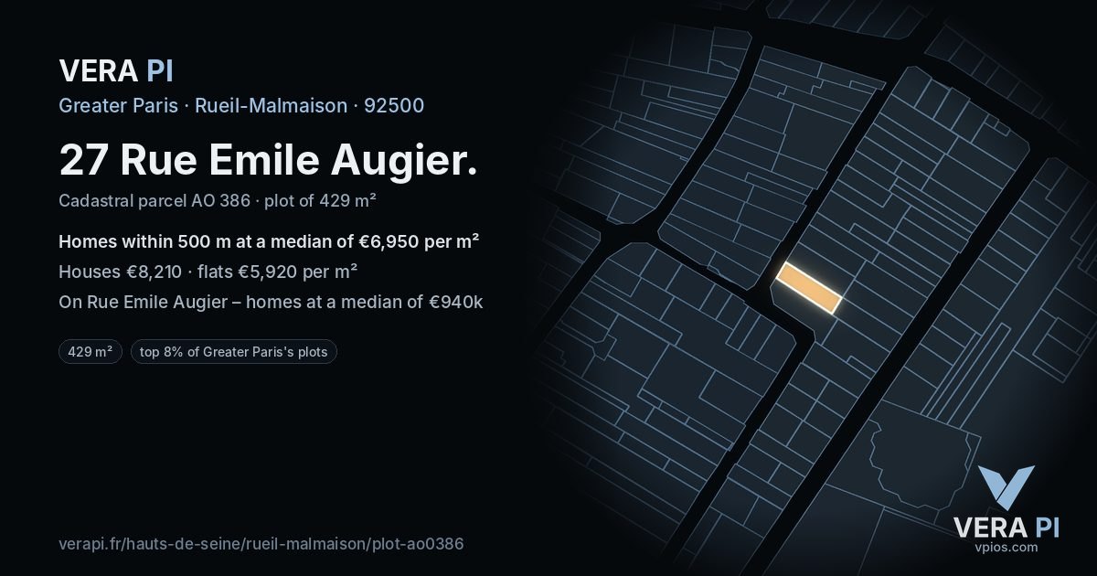 27 Rue Emile Augier, Rueil-Malmaison at night – the plot lit, the parcels around coloured by the prices near them