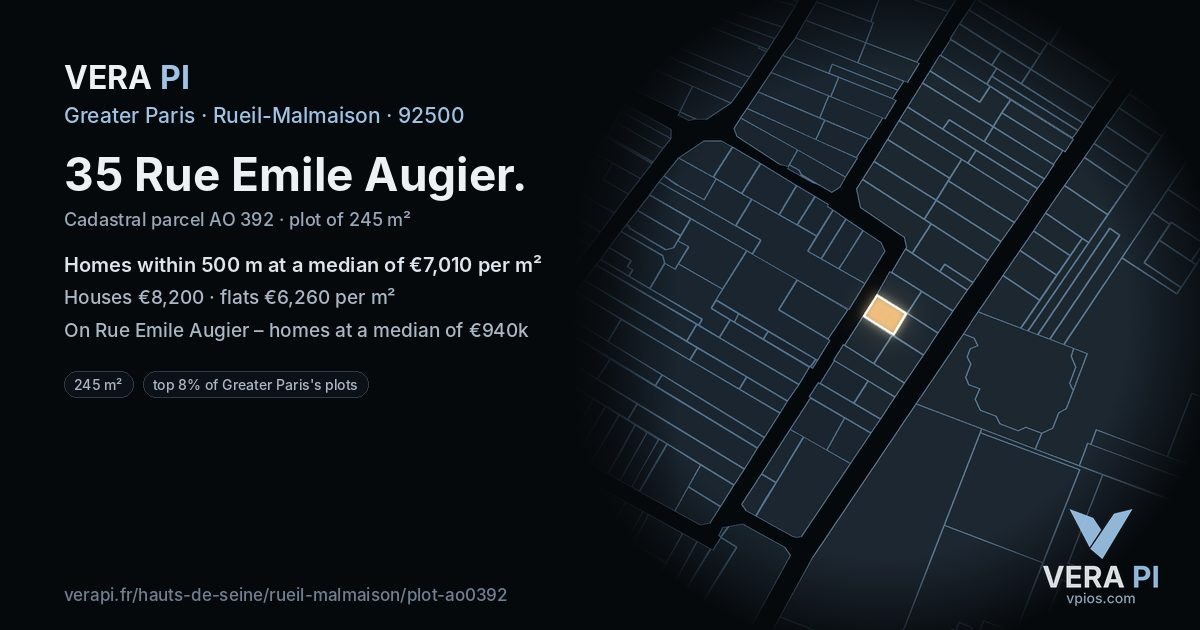 35 Rue Emile Augier, Rueil-Malmaison at night – the plot lit, the parcels around coloured by the prices near them