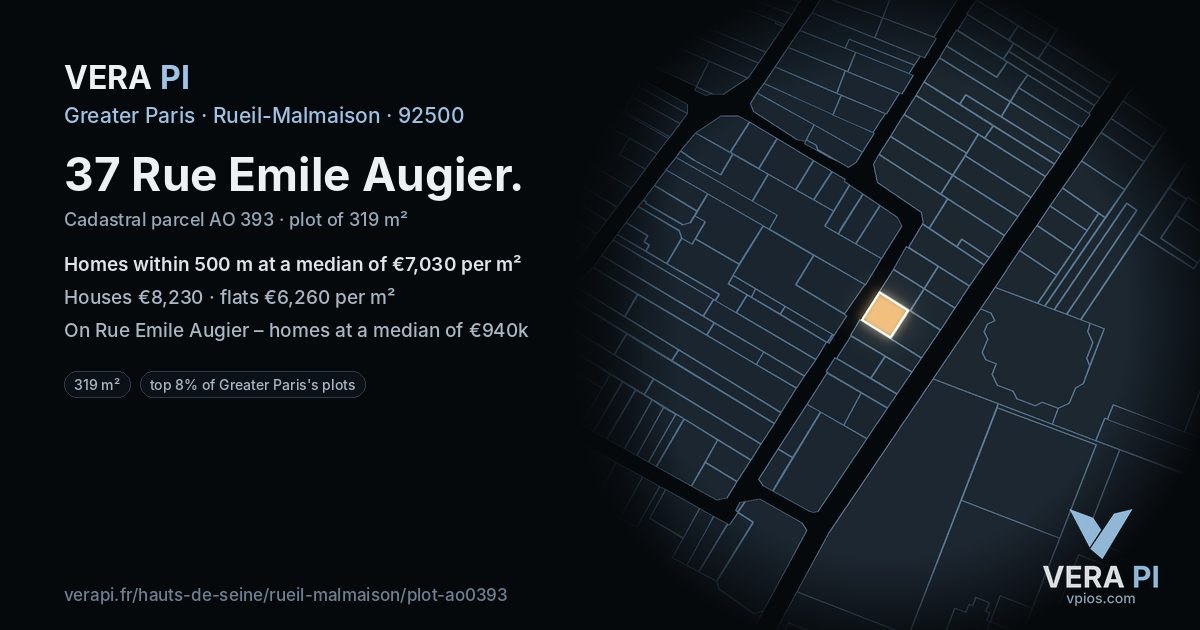 37 Rue Emile Augier, Rueil-Malmaison at night – the plot lit, the parcels around coloured by the prices near them