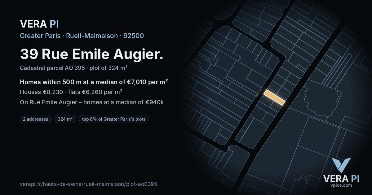 39 Rue Emile Augier, Rueil-Malmaison at night – the plot lit, the parcels around coloured by the prices near them