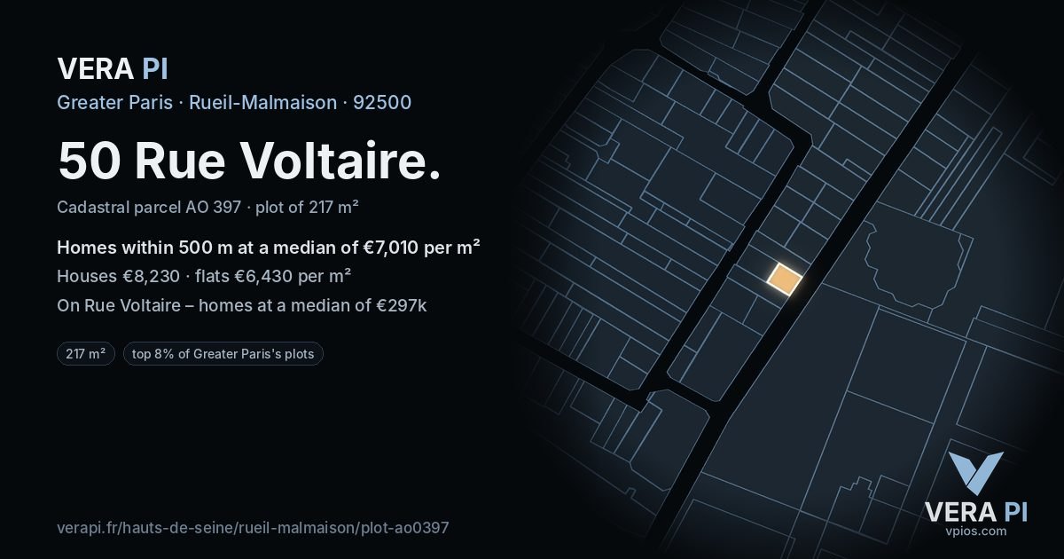 50 Rue Voltaire, Rueil-Malmaison at night – the plot lit, the parcels around coloured by the prices near them