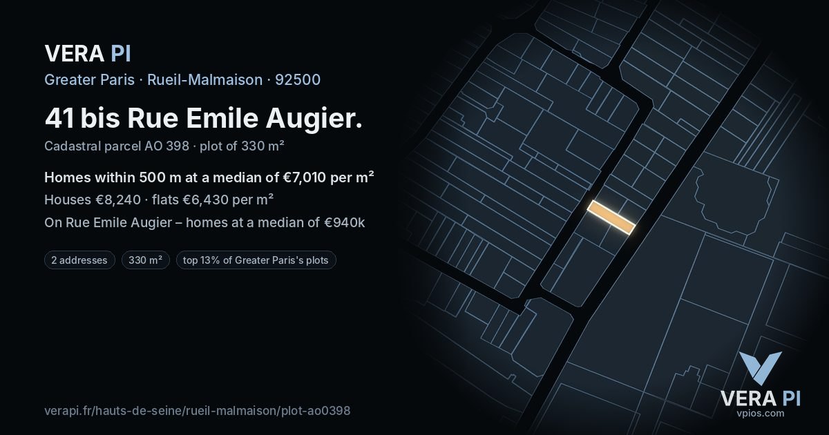41 bis Rue Emile Augier, Rueil-Malmaison at night – the plot lit, the parcels around coloured by the prices near them