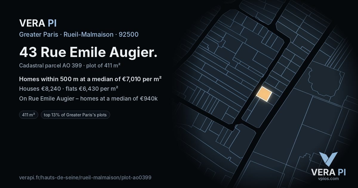 43 Rue Emile Augier, Rueil-Malmaison at night – the plot lit, the parcels around coloured by the prices near them