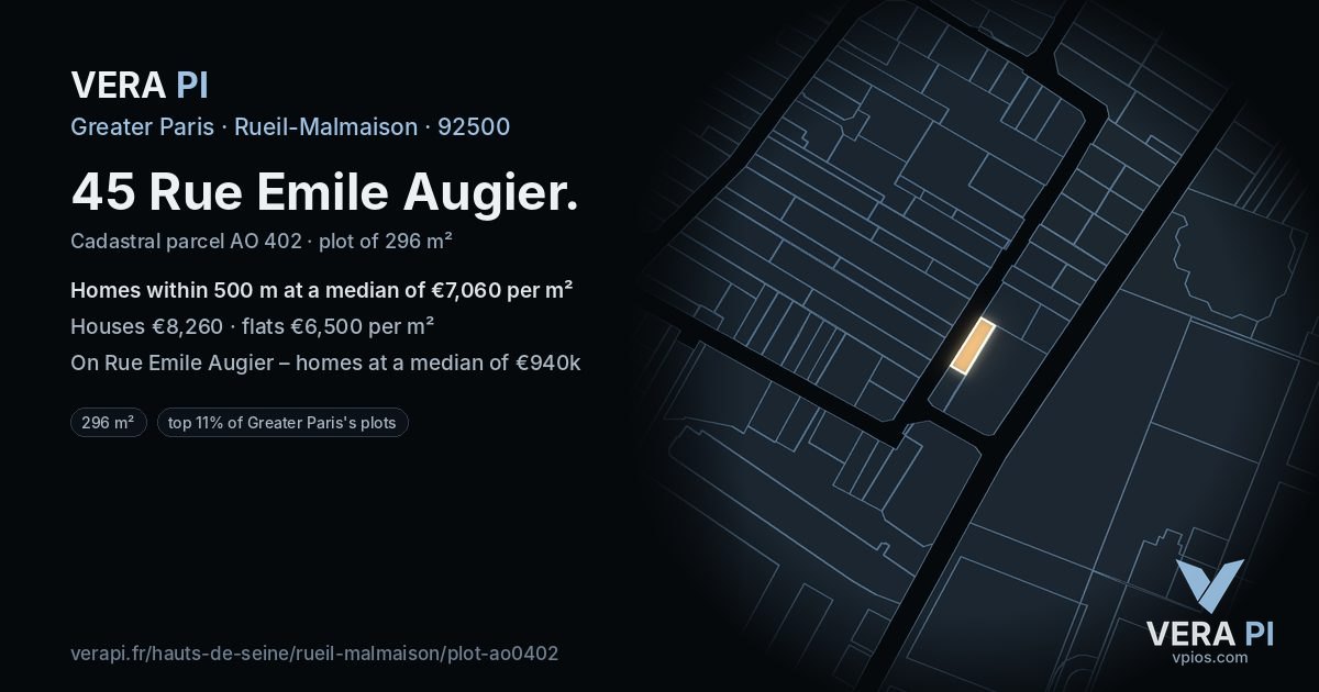 45 Rue Emile Augier, Rueil-Malmaison at night – the plot lit, the parcels around coloured by the prices near them