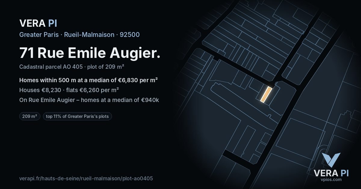 71 Rue Emile Augier, Rueil-Malmaison at night – the plot lit, the parcels around coloured by the prices near them