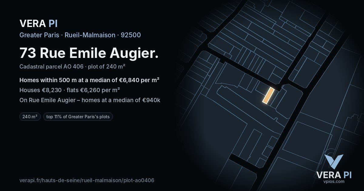 73 Rue Emile Augier, Rueil-Malmaison at night – the plot lit, the parcels around coloured by the prices near them