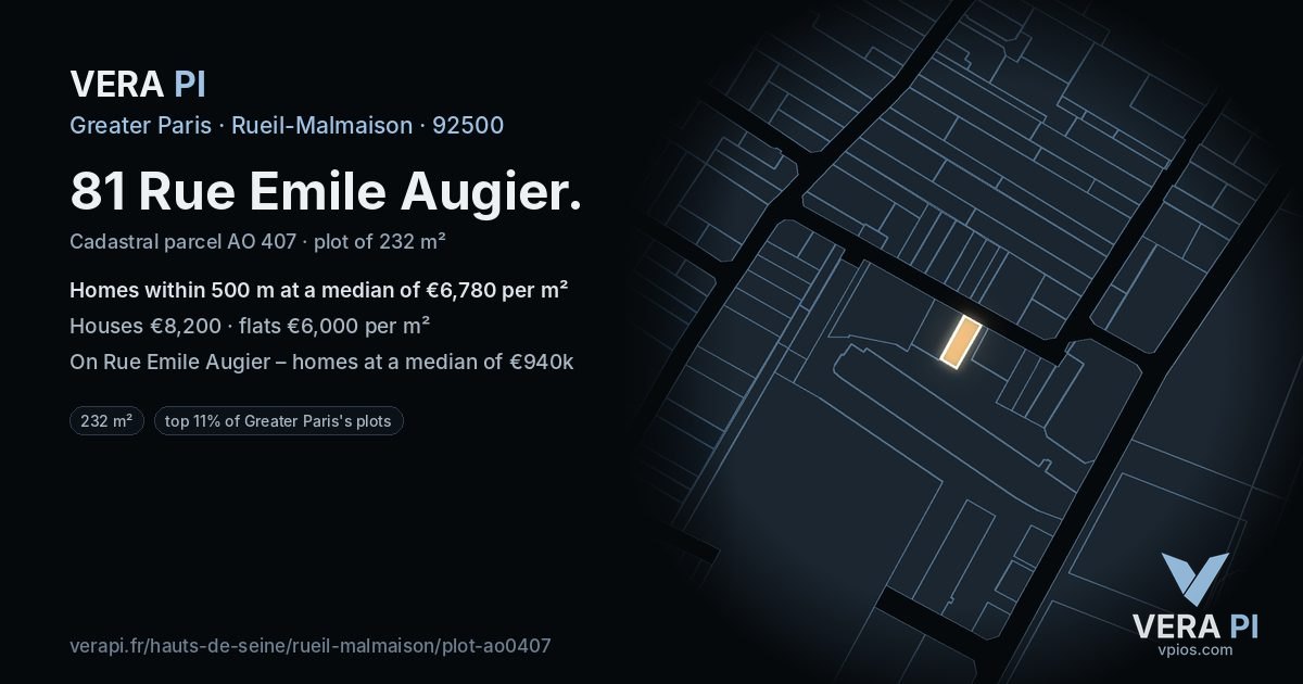81 Rue Emile Augier, Rueil-Malmaison at night – the plot lit, the parcels around coloured by the prices near them