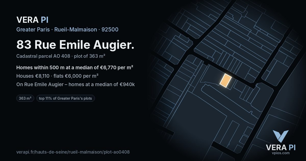 83 Rue Emile Augier, Rueil-Malmaison at night – the plot lit, the parcels around coloured by the prices near them