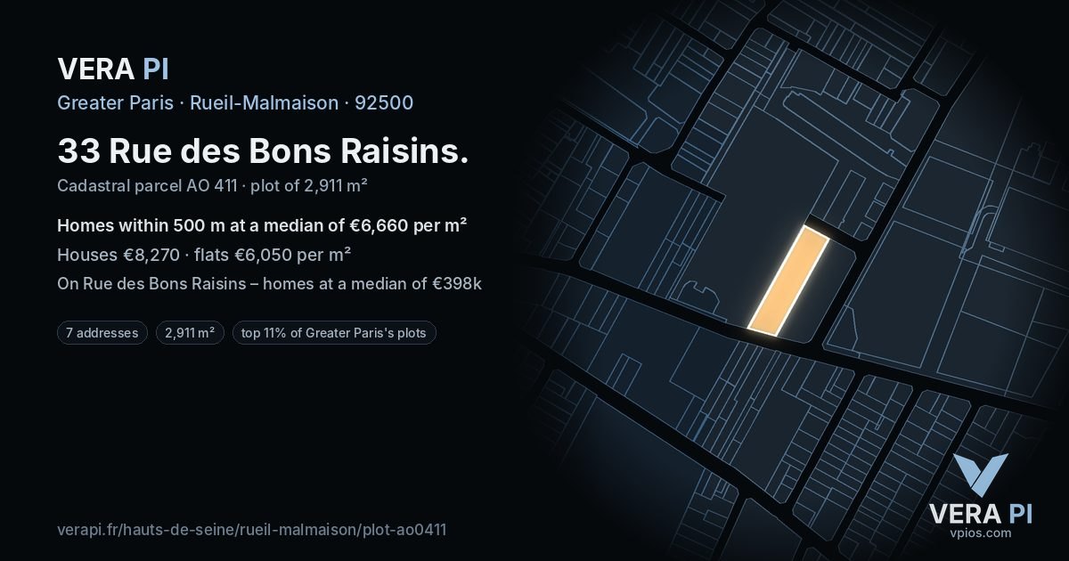 33 Rue des Bons Raisins, Rueil-Malmaison at night – the plot lit, the parcels around coloured by the prices near them